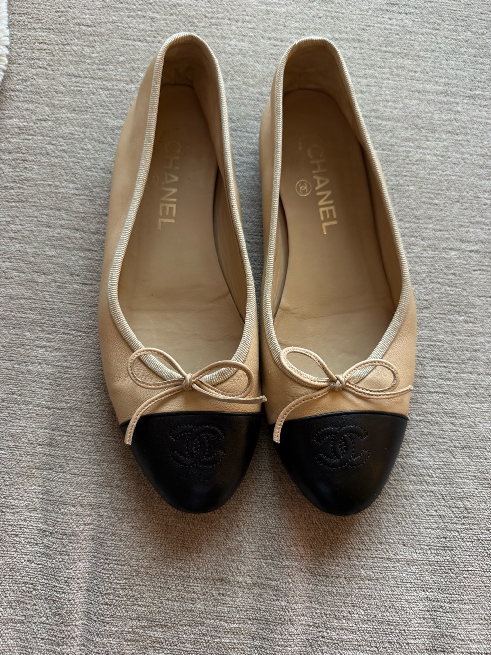 CHANEL Beige Leather Ballerina Flats with Black Cap Toe